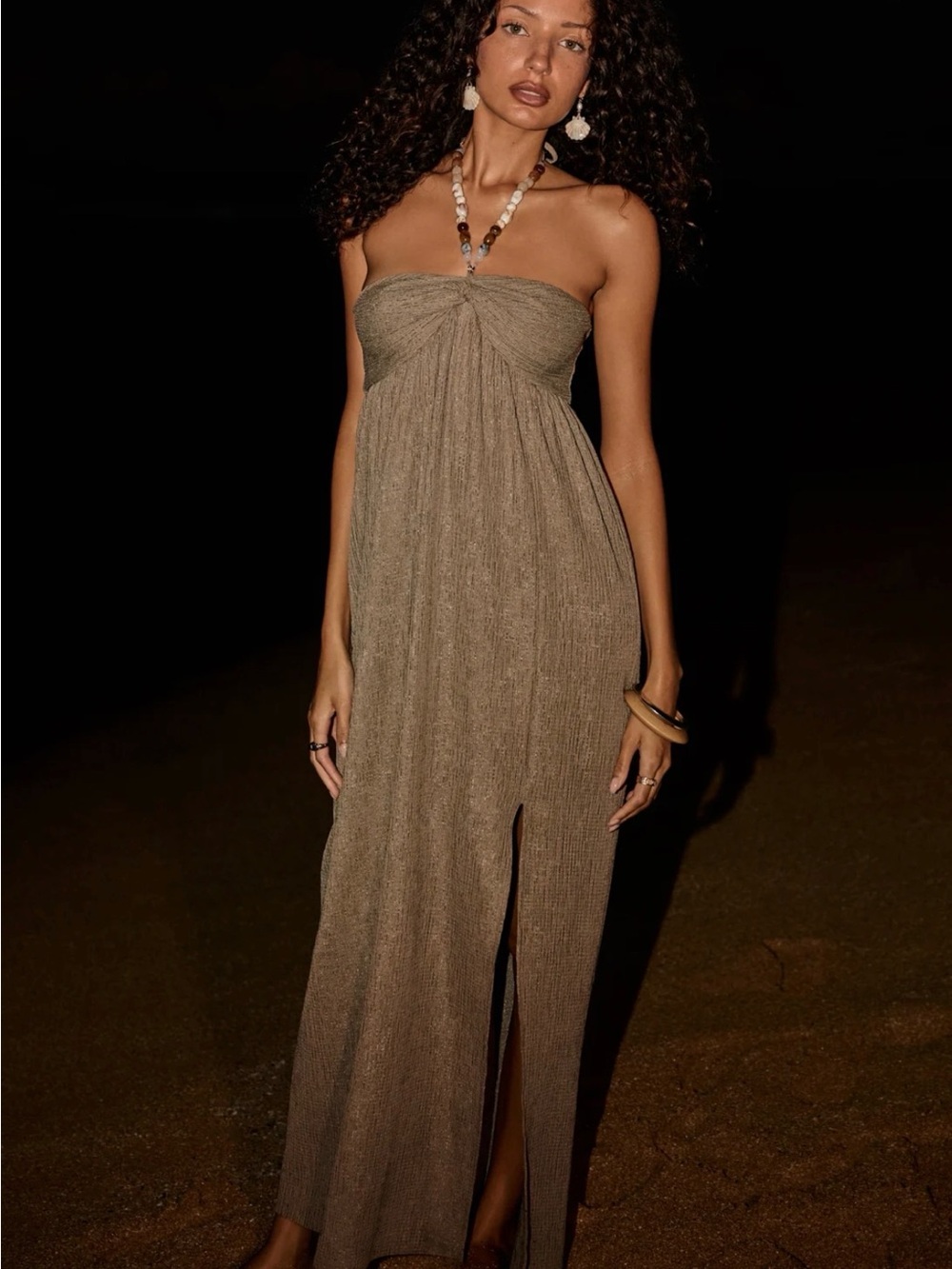 Altar'd State Strapless Taupe Maxi Dress with Front Slit